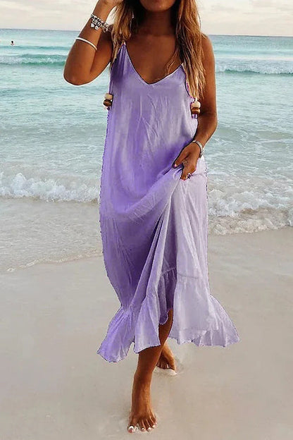 Margovil V Neck Ruffle Solid Cami Beach Dress