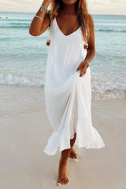 Margovil V Neck Ruffle Solid Cami Beach Dress