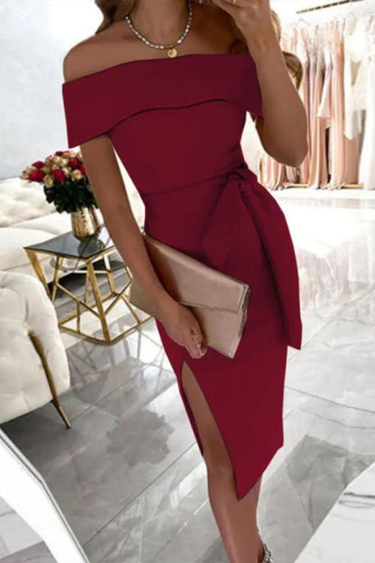 Margovil Off Shoulder Tie Waist Side Split Dress