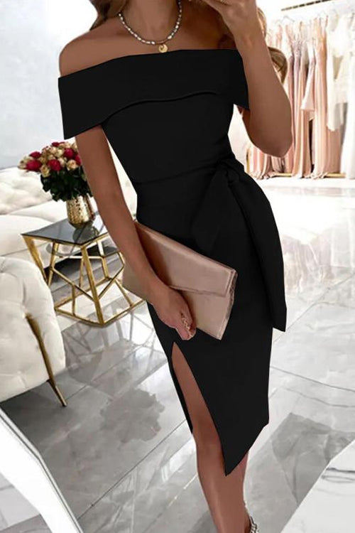 Margovil Off Shoulder Tie Waist Side Split Dress