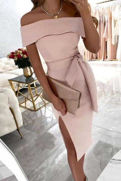 Margovil Off Shoulder Tie Waist Side Split Dress