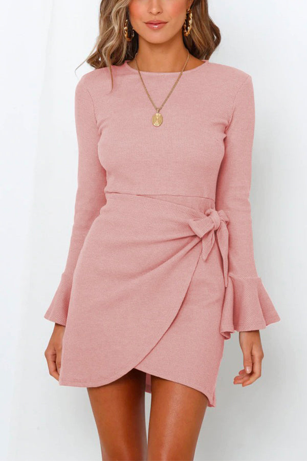 Margovil Crewneck Bell Sleeve Bow Knot Waffle Dresses