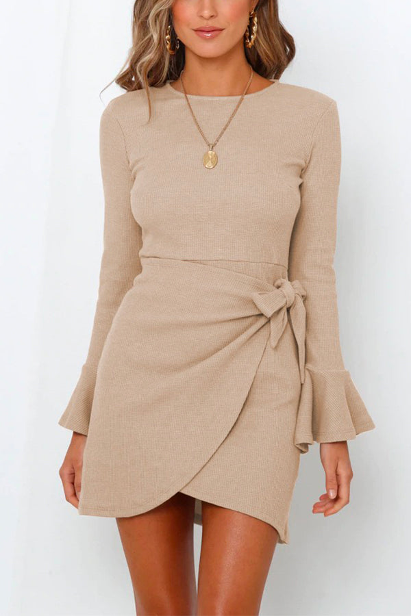 Margovil Crewneck Bell Sleeve Bow Knot Waffle Dresses