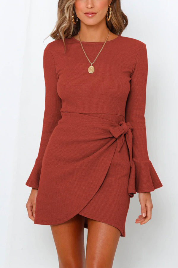 Margovil Crewneck Bell Sleeve Bow Knot Waffle Dresses