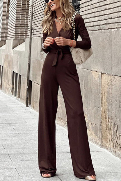 Margovil Wrap V Neck Long Sleeve Tie Waist Jumpsuits(3 Colors Available)