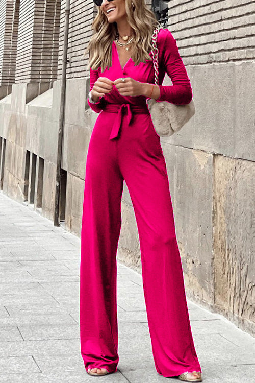 Margovil Wrap V Neck Long Sleeve Tie Waist Jumpsuits(3 Colors Available)