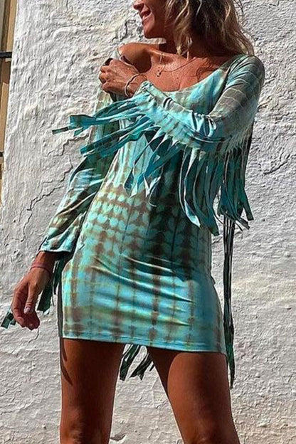 Margovil Tassel Long Sleeve Tie Dye Bodycon Dress