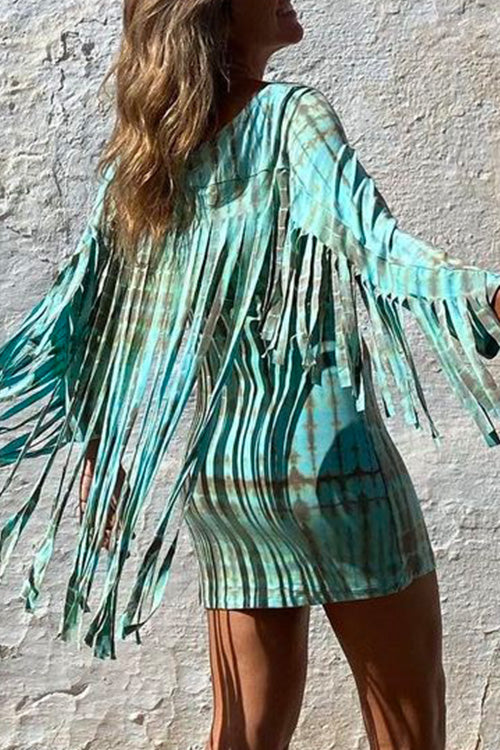 Margovil Tassel Long Sleeve Tie Dye Bodycon Dress