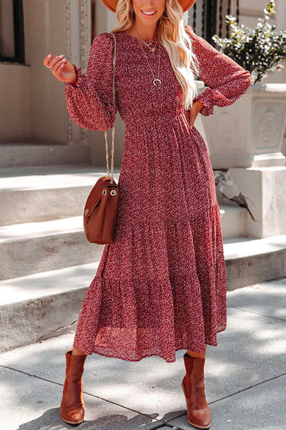 Margovil Long Sleeve Waisted Printed Swing Dress