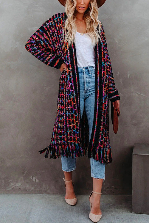 Margovil Tassel Open Front Multi-colored Print Knit Cardigans