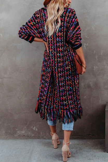 Margovil Tassel Open Front Multi-colored Print Knit Cardigans