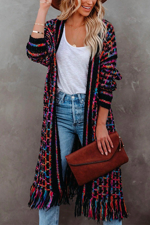 Margovil Tassel Open Front Multi-colored Print Knit Cardigans