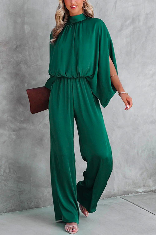 Margovil Stand Collar Slit Sleeve Waisted Wide Leg Jumpsuit