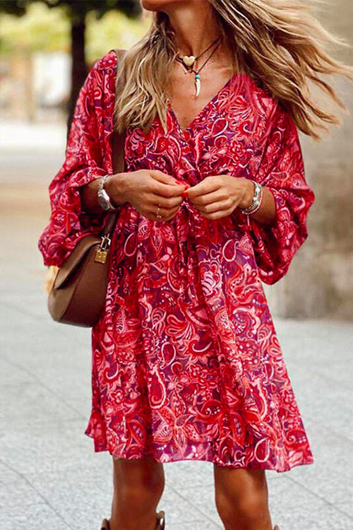 Margovil 3/4 Sleeve Wrap V Neck Tie Waist Printed Dress