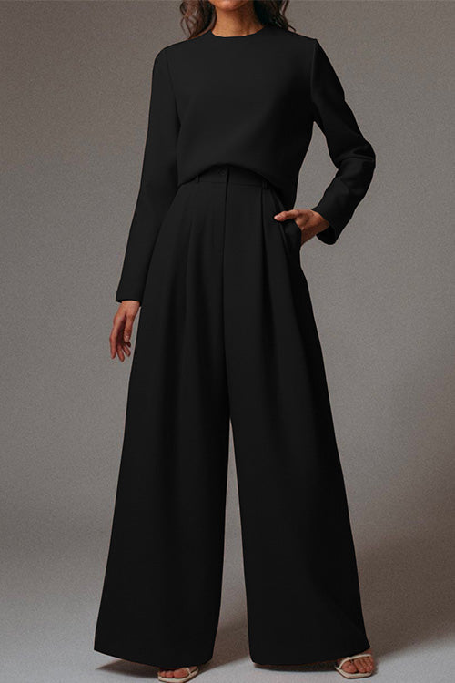 Margovil Crewneck Long Sleeve Pullover and Wide Leg Pants Solid Set