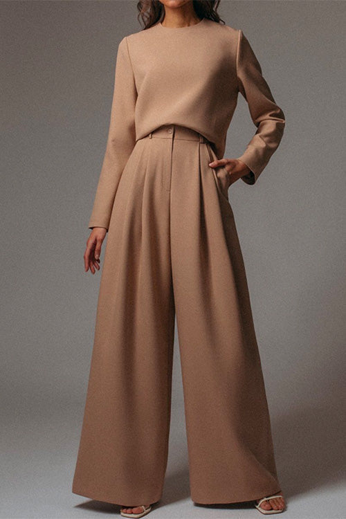 Margovil Crewneck Long Sleeve Pullover and Wide Leg Pants Solid Set