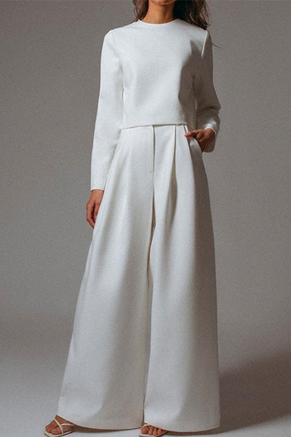 Margovil Crewneck Long Sleeve Pullover and Wide Leg Pants Solid Set