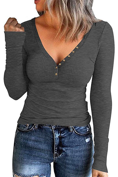 Margovil V Neck Buttons Long Sleeve Slim Fit T-shirt