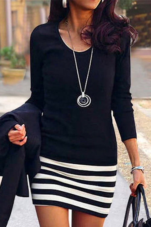 Margovil Crewneck Long Sleeve Stripes Splice Dress