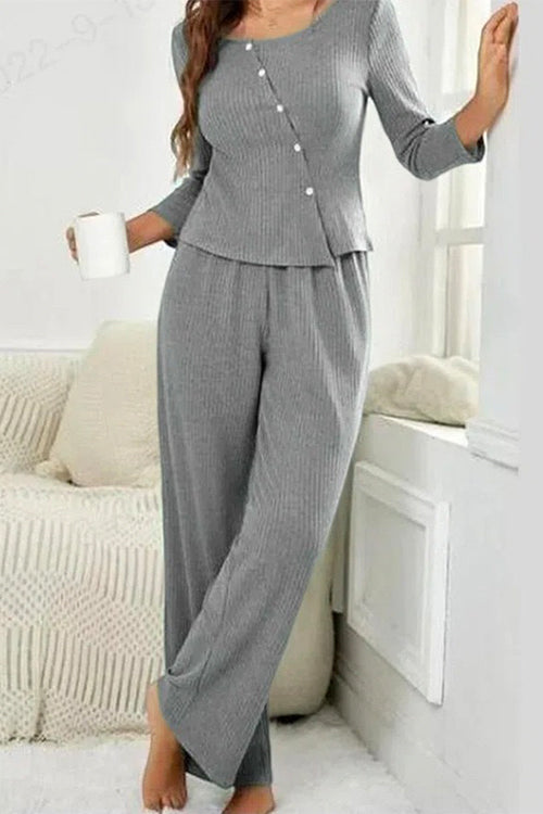 Margovil Crewneck Buttons Long Sleeve Top and Straight Leg Pants Solid Set