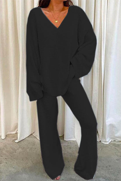 Margovil V Neck Batwing Sleeve Top and Straight Leg Pants Loungewear Set