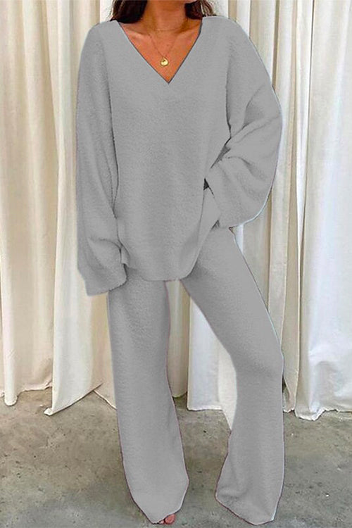 Margovil V Neck Batwing Sleeve Top and Straight Leg Pants Loungewear Set