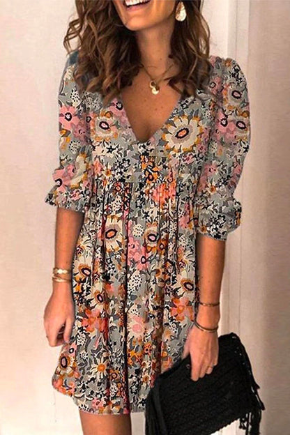 Margovil Casual V Neck Half Sleeve Printed Swing Dress