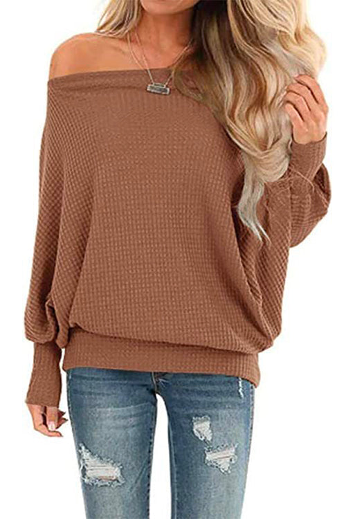 Margovil Solid Batwing Long Sleeves Waffle Top