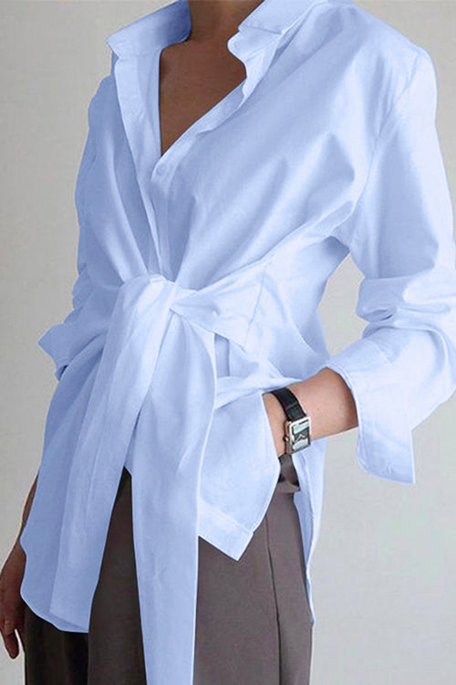 Margovil Lapel Long Sleeve Button Down Knot Front Shirt