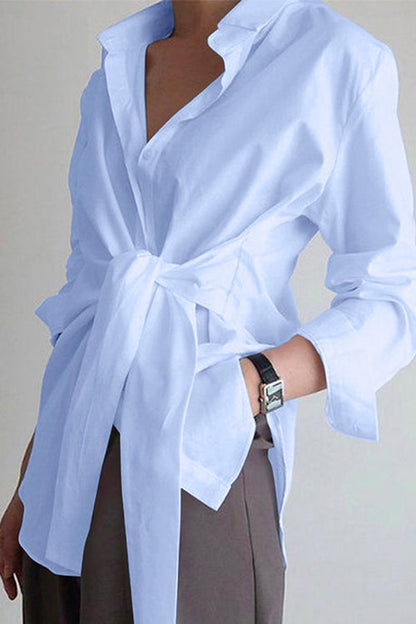 Margovil Lapel Long Sleeve Button Down Knot Front Shirt