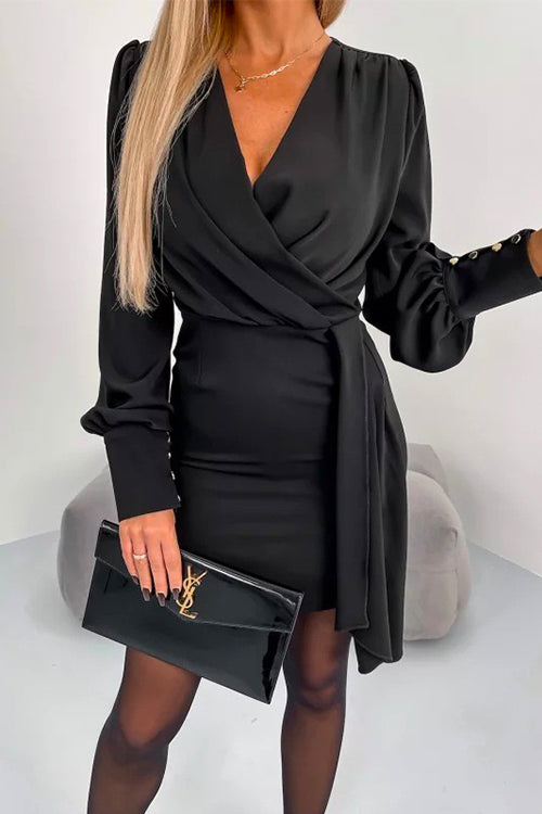 Margovil Wrap V Neck Tie Waist Ruched Bodycon Dress