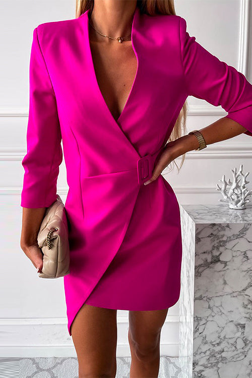 Margovil Solid Wrap V Neck High Waist Blazer Dress