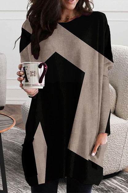 Margovil Crewneck Long Sleeve Color Block Dress with Pockets