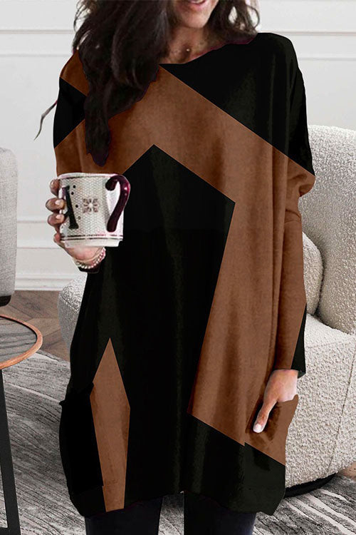 Margovil Crewneck Long Sleeve Color Block Dress with Pockets