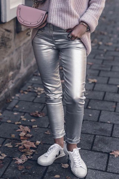 Margovil Fashion Style Faux Leather Pants with Pockets