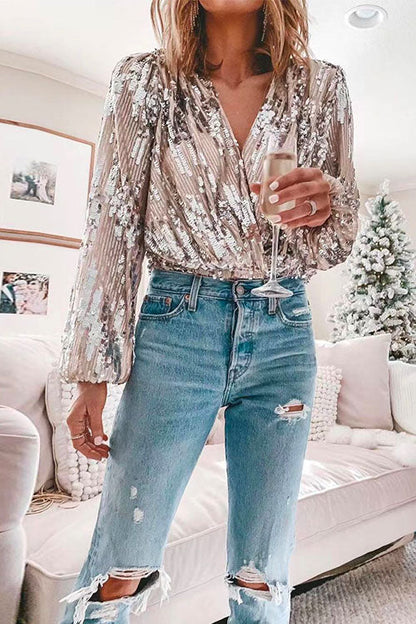 Margovil Stylish V Neck Long Sleeve Sequin Splice Top