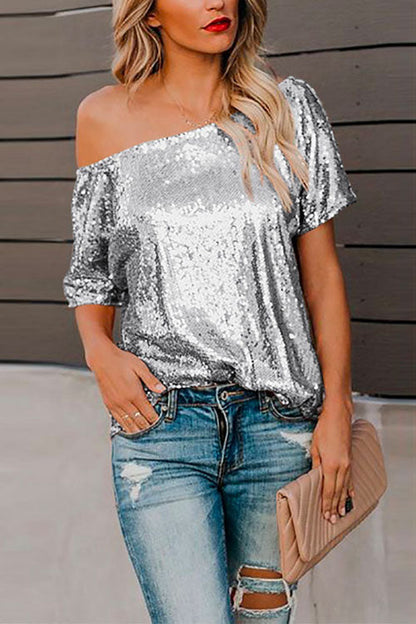 Margovil Off Shoulder Short Sleeve Sequin T-shirt