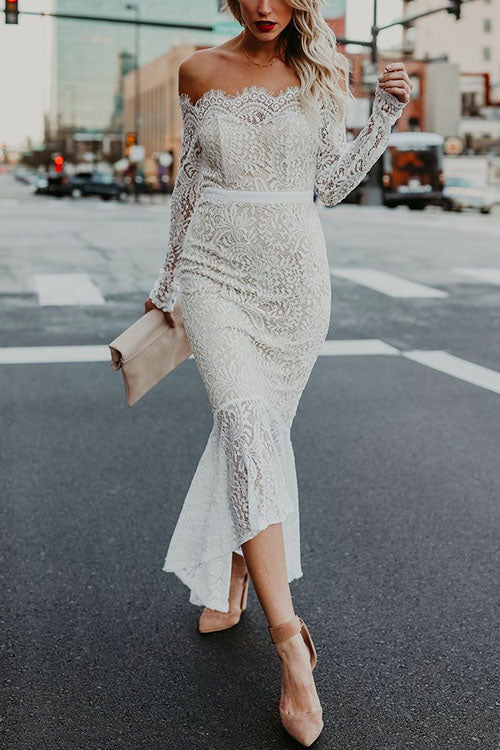 Margovil Off Shoulder Long Sleeve Floral Lace Bodycon Dress