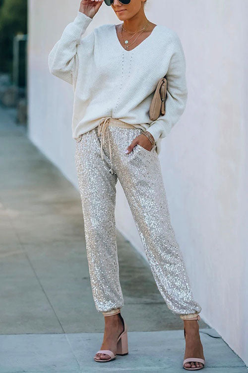 Margovil Tie Waist Sequin Joggers Pants with Pockets