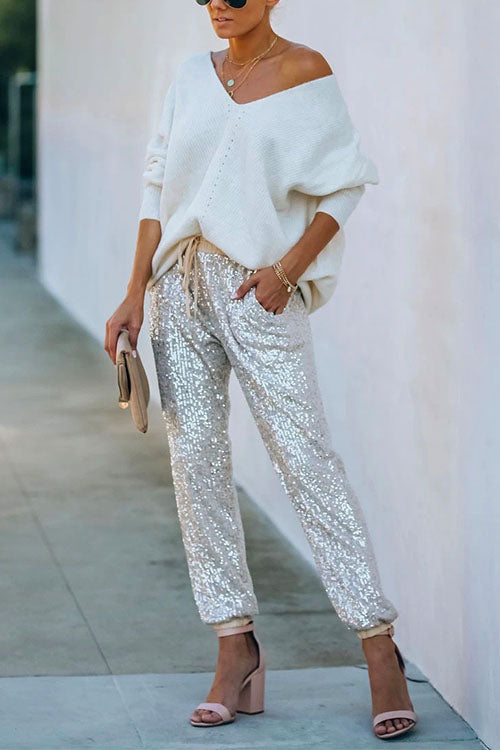 Margovil Tie Waist Sequin Joggers Pants with Pockets