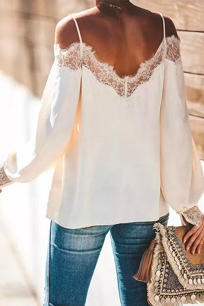 Margovil V Neck Cold Shoulder Lace Splice Chiffon Top