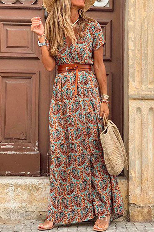 Margovil Bohemia Wrap V Neck High Split Printed Dress