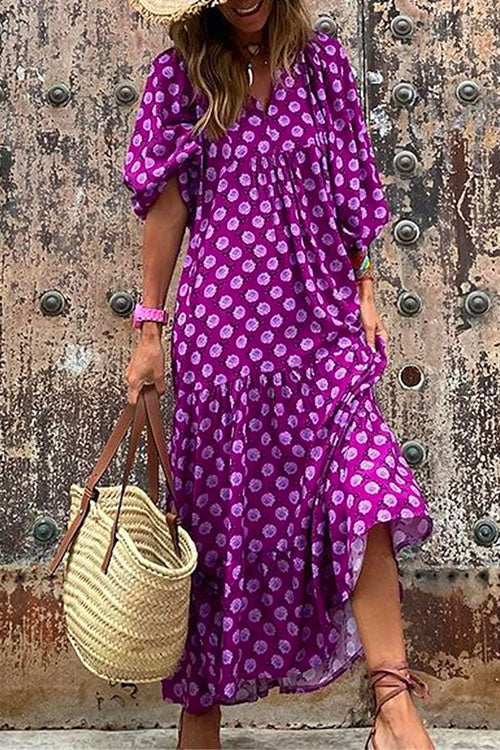 Margovil Puff Sleeve Geometry Printed Swing Dress