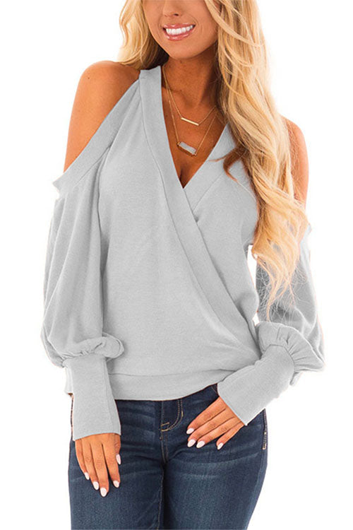 Margovil Wrap V Neck Cold Shoulder Lantern Sleeve Top