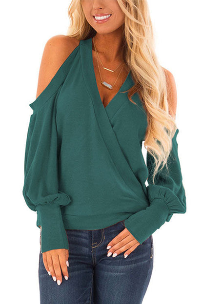 Margovil Wrap V Neck Cold Shoulder Lantern Sleeve Top