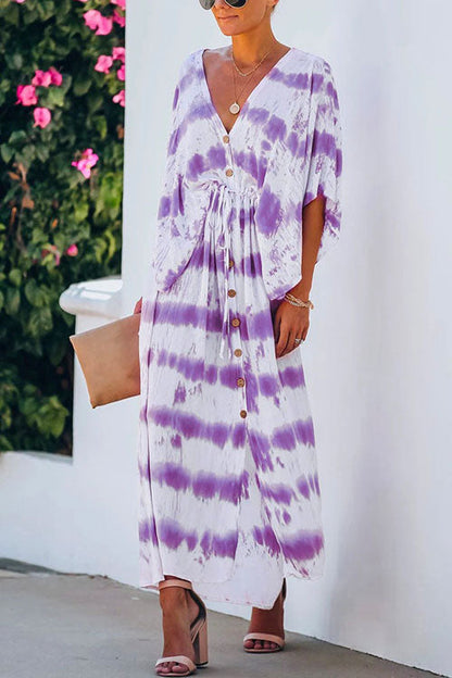 Margovil V Neck Button Down Half Sleeve Tie Dye Dress