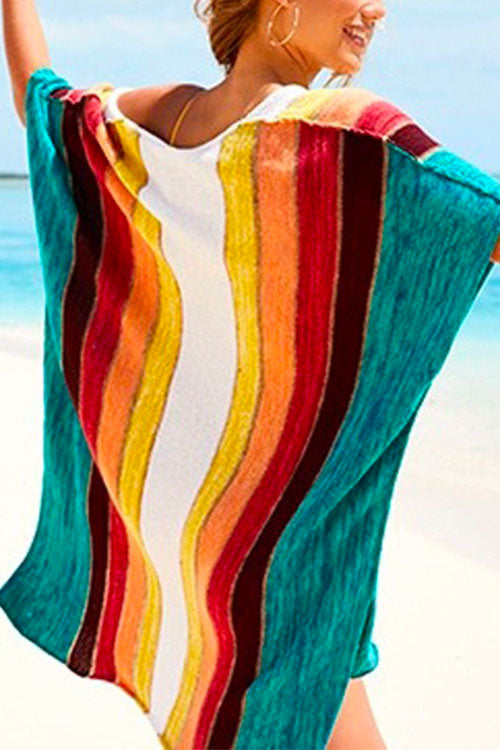 Margovil Deep V Neck Rainbow Striped Cover Up Dress