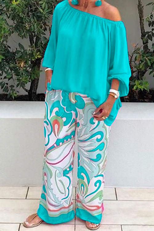 Margovil Crewneck Long Sleeve T-shirt and Wide Leg Printed Pants Set