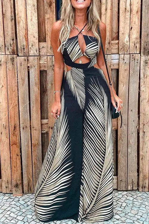 Margovil Halter Cut Out Printed Beach Jumpsuit