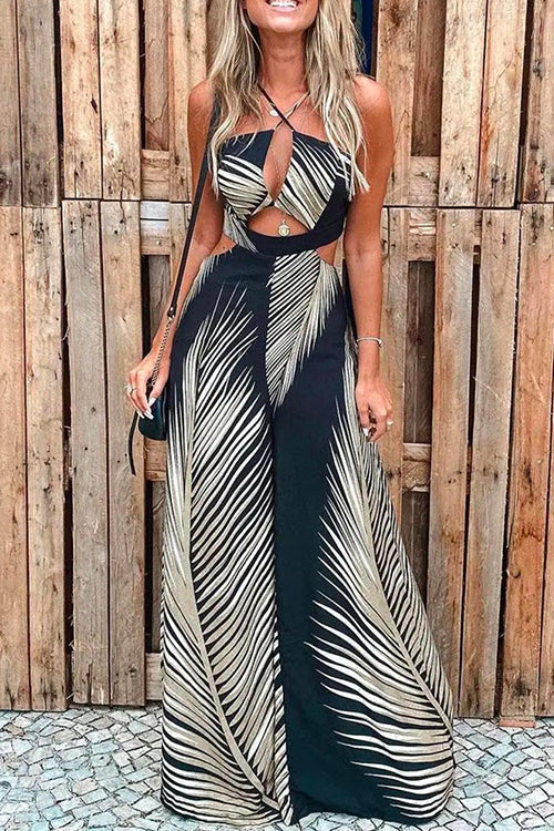 Margovil Halter Cut Out Printed Beach Jumpsuit